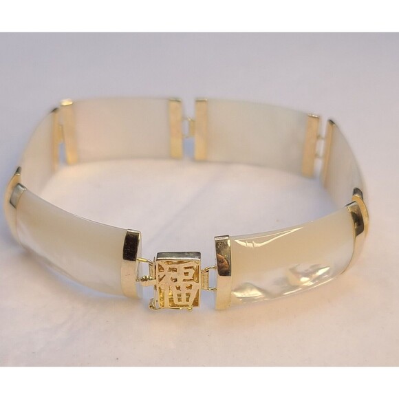 14K Gold Mother Of Pearl Bracelet 7" Long Rectangular Stones - Picture 1 of 8
